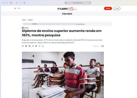 notícia: Diploma de ensino superior aumenta renda em 182%, mostra pesquisa