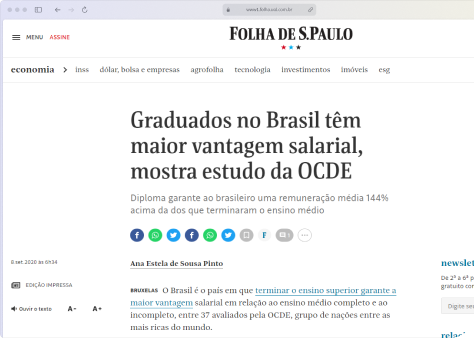 notícia: Graduados no Brasil têm maior vantagem salarial, mostra estudo da OCDE